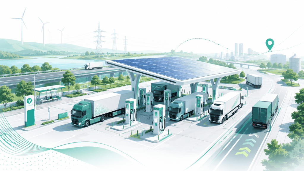 Elektrische vrachtwagens laden bij MOVEZE laadstation in groene omgeving.